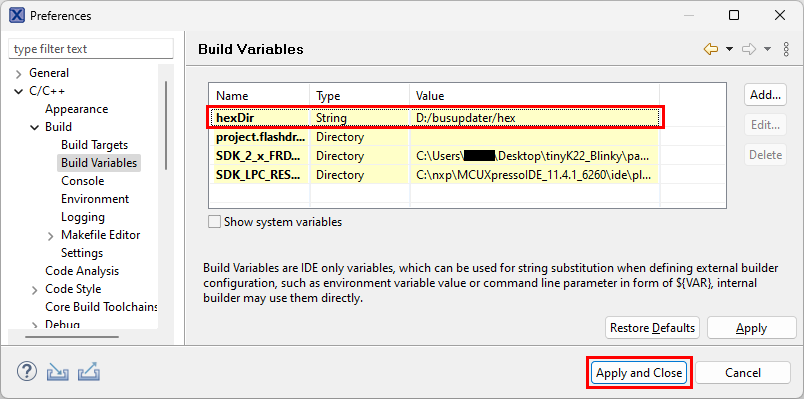 mcuxpress preferences build variables apply and close